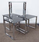 Set of four chrome and black glass lamp tables, 55cm x 50cm,