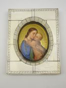 Russian Orthodox oval miniature Madonna and child with gilded background in bone frame 9cm x 6.