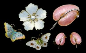 Mid 20th century Danish silver pink enamel lily brooch and matching clip on earrings by Volmer