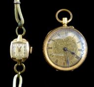 Gold continental ladies pocket watch, stamped 14K and 9ct goild gold wristwatch hallmarked,