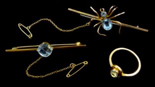Gold rim set oval aquamarine ring, stamped 18ct, similar bar brooch,