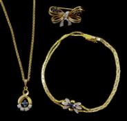 Gold diamond and sapphire pendant necklace, similar bracelet and brooch,