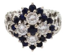 White gold diamond and sapphire cluster ring, with openwork shoulders, stamped 18ct,