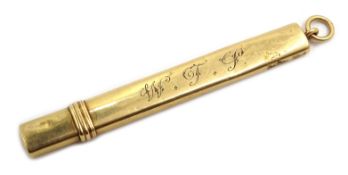 Edwardian 15ct gold carpenters pencil holder, with engraved decoration by E Baker & Son,