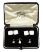 Pair of Art Deco gold mother of pearl and marcasite cufflinks and three matching dress studs,