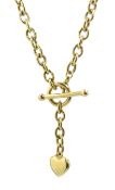 Gold belcher chain necklace with heart locket and T bar clasp, hallmarked 9ct, approx 14.