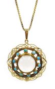 Gold turquoise and glass pendant, on gold box link chain necklace,