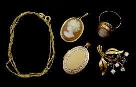 9ct gold stone set brooch and chain necklace, both hallmarked,
