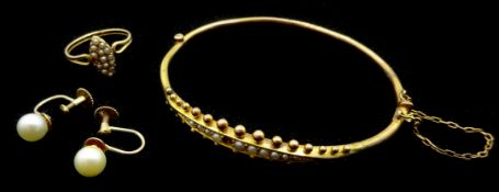 Victorian gold seed pearl hinged bangle, stamped 9ct,