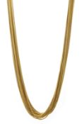 18ct gold fine multi-strand necklace, with four cabochon sapphires on spring clasp, stamped 750,