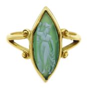 18ct gold marquise shaped, green agate cameo ring, depicting a classical figure,