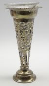 Late Victorian pierced silver trumpet shape vase with associated glass liner Birmingham 1900 H20cm