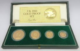 Queen Elizabeth II Royal Mint 'UK 1980 Gold Proof Set', five pounds, two pounds,