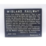 Cast iron Midland Railway trespass sign,