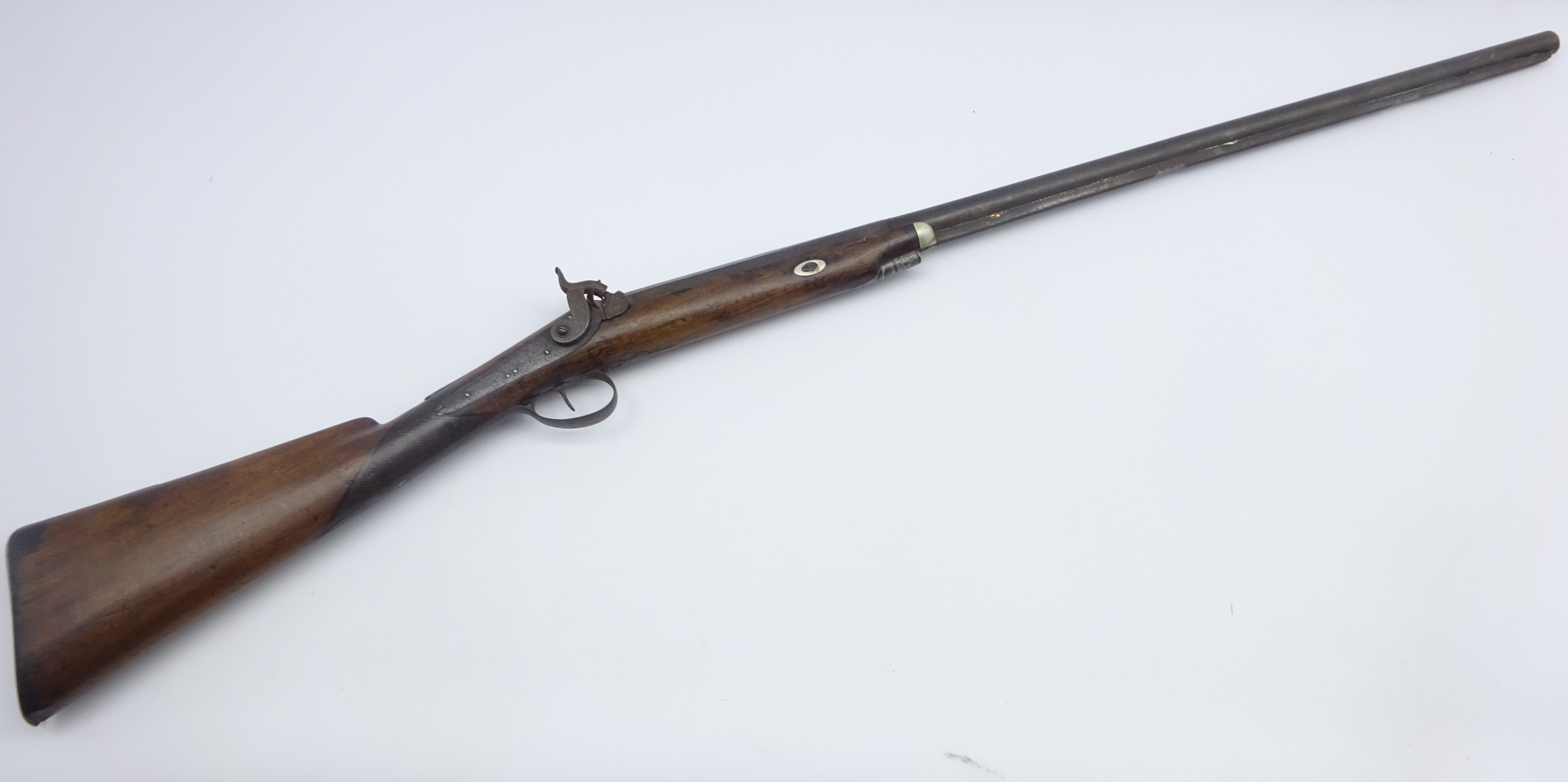 19th century percussion cap muzzle loading gun, the walnut stock with checkered fore-end, - Image 2 of 6