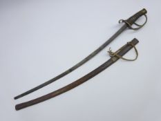 19th century child's sword with 49cm part blued curving steel blade, brass three-bar hilt,