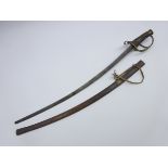 19th century child's sword with 49cm part blued curving steel blade, brass three-bar hilt,