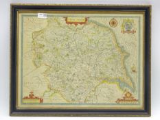 John Speede 17th Century hand coloured map of Yorkshire, framed and glazed,