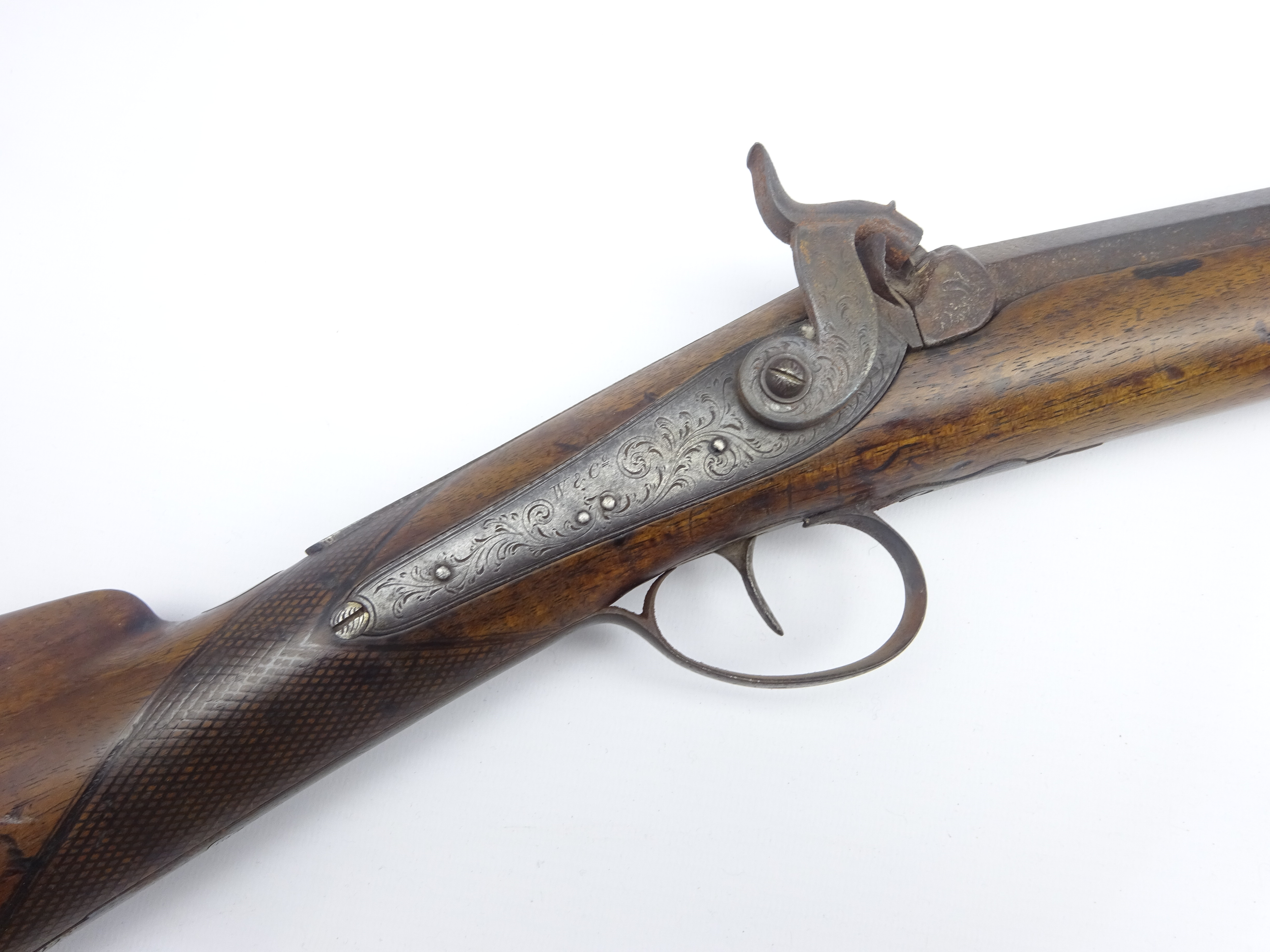 19th century percussion cap muzzle loading gun, the walnut stock with checkered fore-end, - Image 3 of 6