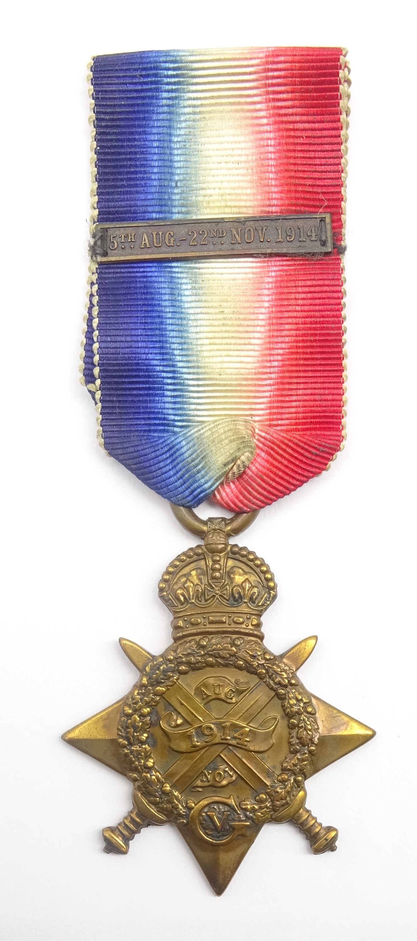 WW1 1914 Mons Star awarded to 7633 Pte. F. Speake 2/Bord.R. with 5th Aug.