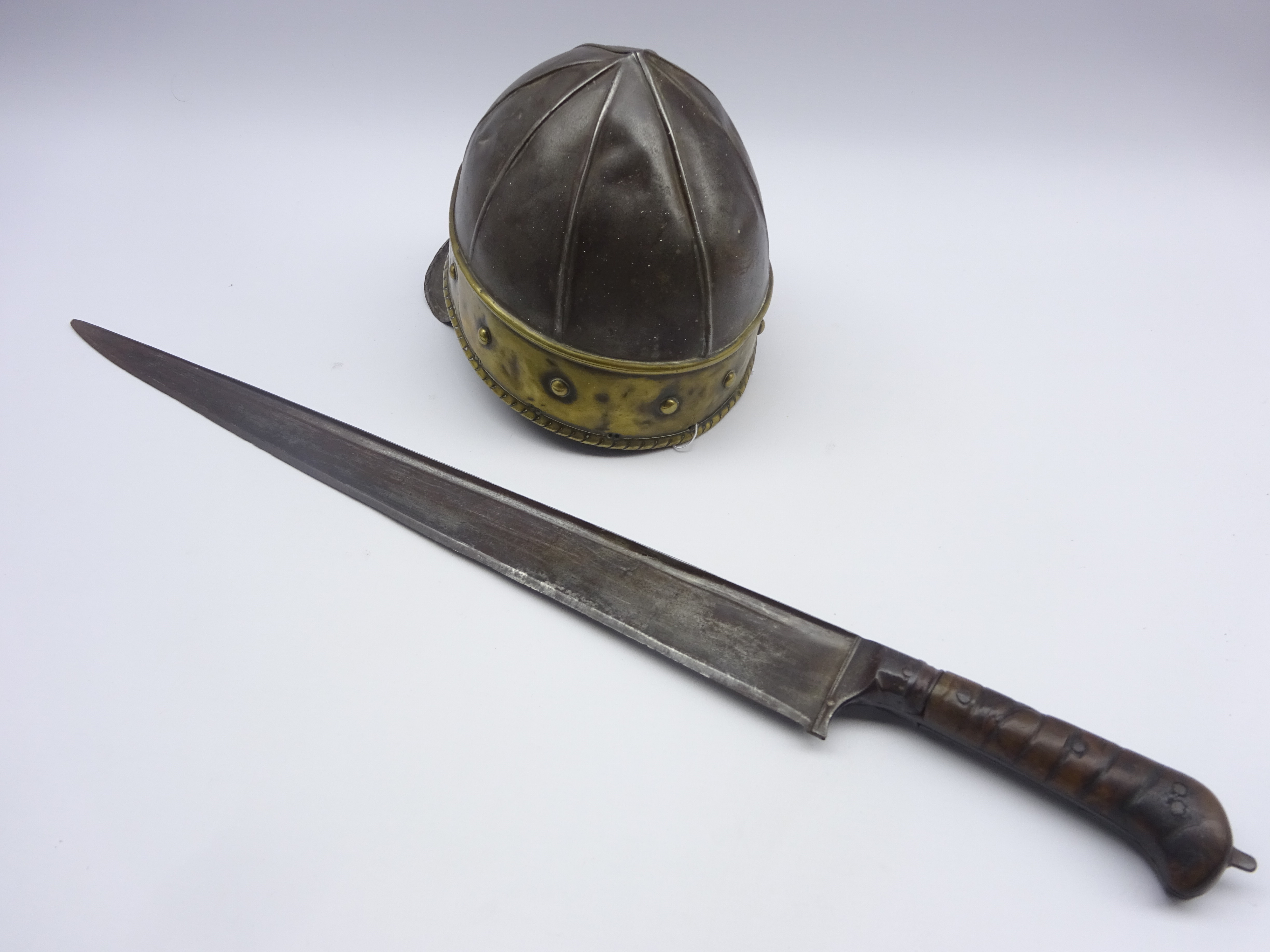 19th century Afghan Khyber knife sword with 50cm steel piped back blade and carved horn split grip