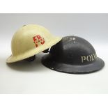 Two WW2 tin helmets 'Police' and 'Fire Brigade Terry',