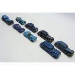 Dinky - eight unboxed and playworn pre and post war cars including two Frazer-Nash sports cars,