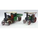 Two Mamod live-steam vehicles - model SW1 Steam Wagon in green/cream/red (no burner) and model TE1A