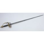 19th century rapier with 85cm steel diamond section blade, brass hilt with knuckle-bow,