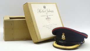 Yorkshire Regiment officer's peaked cap with Queens Crown badge in Herbert Johnson cardboard box