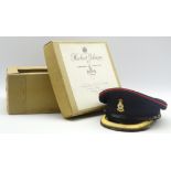 Yorkshire Regiment officer's peaked cap with Queens Crown badge in Herbert Johnson cardboard box