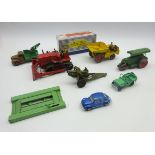 Dinky - five unboxed and playworn die-cast models comprising Blaw Knox Bulldozer, Muir-Hill Dumper,