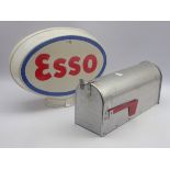 Esso plastic petrol pump globe of pedestal oval form in white, red and blue W50cm and U.S.