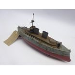 Scarce 1920's Sutcliffe tin-plate battleship in red and grey with mast, two gun turrets,