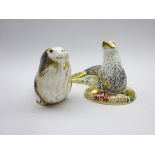 Two Royal Crown Derby paperweights 'Russian Walrus' and White Sea Lion' both boxed and with gold
