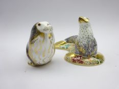 Two Royal Crown Derby paperweights 'Russian Walrus' and White Sea Lion' both boxed and with gold