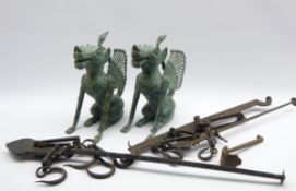 Pair of green patinated metal figures of mythical winged beasts H30cm, two graduated stilyards,