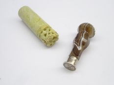 Oriental green hardstone cylindrical desk seal with carved and pierced finial, inscribed 'Mary' H6.