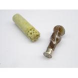 Oriental green hardstone cylindrical desk seal with carved and pierced finial, inscribed 'Mary' H6.