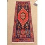 Persian Senna blue ground runner rug, lozenge medallion on blue field,