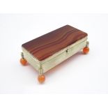 Plated rectangular casket with agate hinged cover and base and ball feet 9cm x 4.