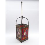 Edwardian brass and leaded glass hall lantern with geometric panels of coloured glass and original