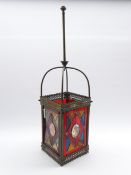 Edwardian brass and leaded glass hall lantern with geometric panels of coloured glass and original