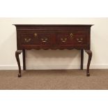 George III oak dresser, rectangular top above mahogany frieze, two mahogany banded drawers,