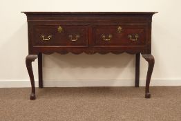 George III oak dresser, rectangular top above mahogany frieze, two mahogany banded drawers,