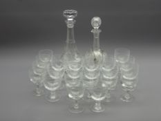 Fine cut glass decanter with silver 'Port' label, set twelve etched wine glasses,