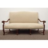 William and Mary style French walnut high back sofa, reeded and acanthus carved scrolled arm rests,