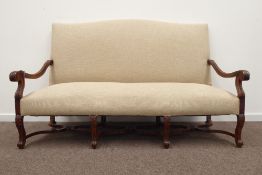 William and Mary style French walnut high back sofa, reeded and acanthus carved scrolled arm rests,