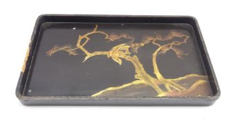 19th Century lacquered rectangular tray decorated in gilt with a Japanese landscape 66cm x 38cm