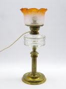Victorian brass column table oil lamp with facetted clear glass reservoir and clear shading to